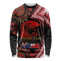 Tonga and Australia ANZAC Day Long Sleeve Shirt Aboriginal and Ngatu Art Pattern - Gallipoli Lest We Forget LT03 Unisex Black - Polynesian Pride