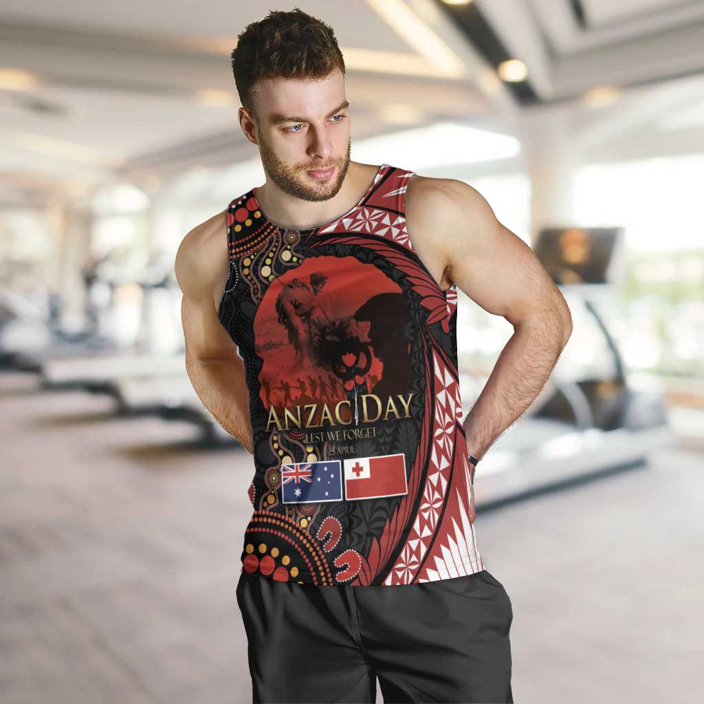 Tonga and Australia ANZAC Day Men Tank Top Aboriginal and Ngatu Art Pattern - Gallipoli Lest We Forget LT03 Black - Polynesian Pride