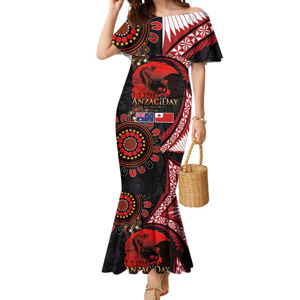 Tonga and Australia ANZAC Day Mermaid Dress Aboriginal and Ngatu Art Pattern - Gallipoli Lest We Forget