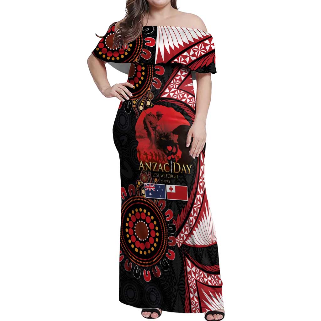 Tonga and Australia ANZAC Day Off Shoulder Maxi Dress Aboriginal and Ngatu Art Pattern - Gallipoli Lest We Forget