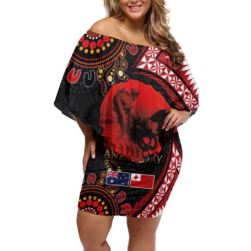 Tonga and Australia ANZAC Day Off Shoulder Short Dress Aboriginal and Ngatu Art Pattern - Gallipoli Lest We Forget