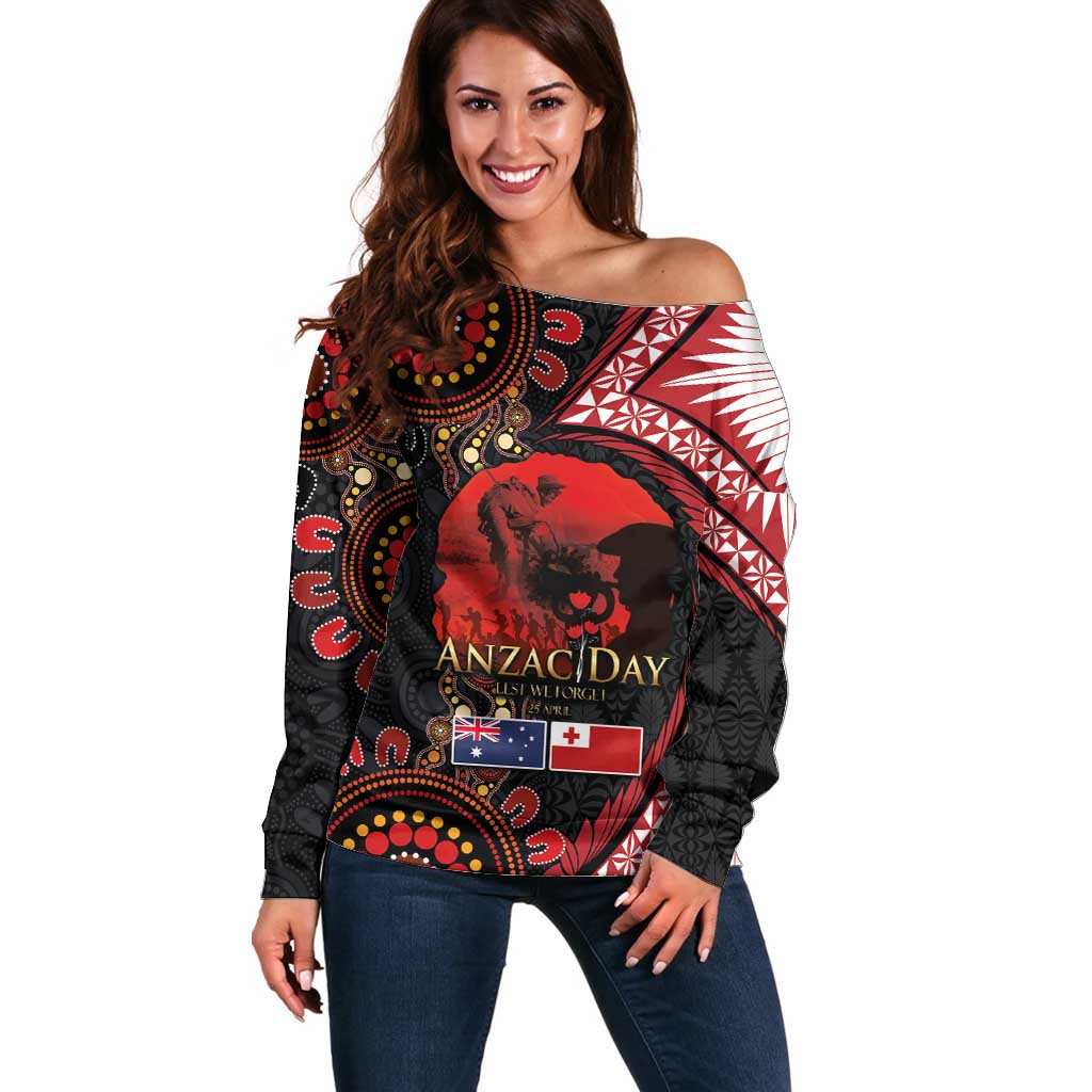 Tonga and Australia ANZAC Day Off Shoulder Sweater Aboriginal and Ngatu Art Pattern - Gallipoli Lest We Forget