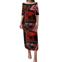 Tonga and Australia ANZAC Day Puletasi Aboriginal and Ngatu Art Pattern - Gallipoli Lest We Forget LT03 Long Dress Black - Polynesian Pride