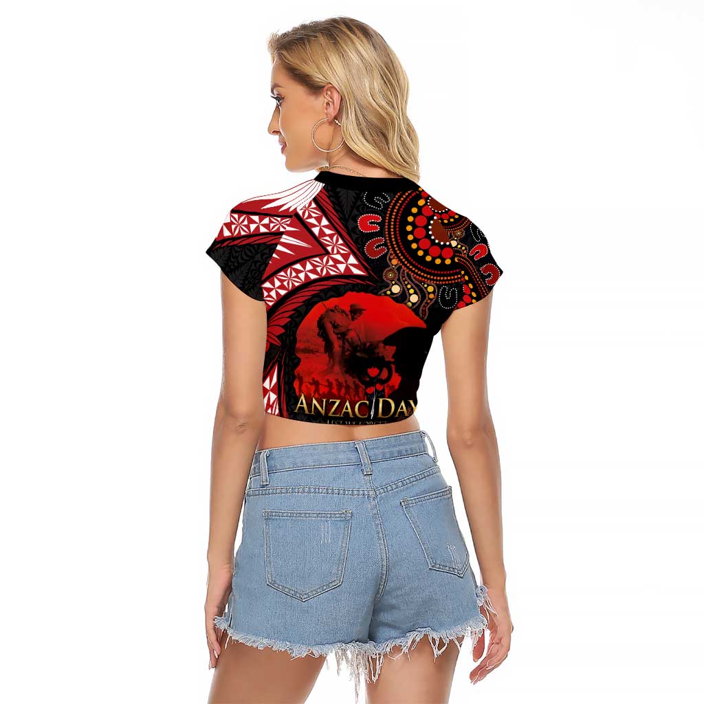 Tonga and Australia ANZAC Day Raglan Cropped T Shirt Aboriginal and Ngatu Art Pattern - Gallipoli Lest We Forget LT03 - Polynesian Pride