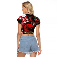 Tonga and Australia ANZAC Day Raglan Cropped T Shirt Aboriginal and Ngatu Art Pattern - Gallipoli Lest We Forget LT03 - Polynesian Pride