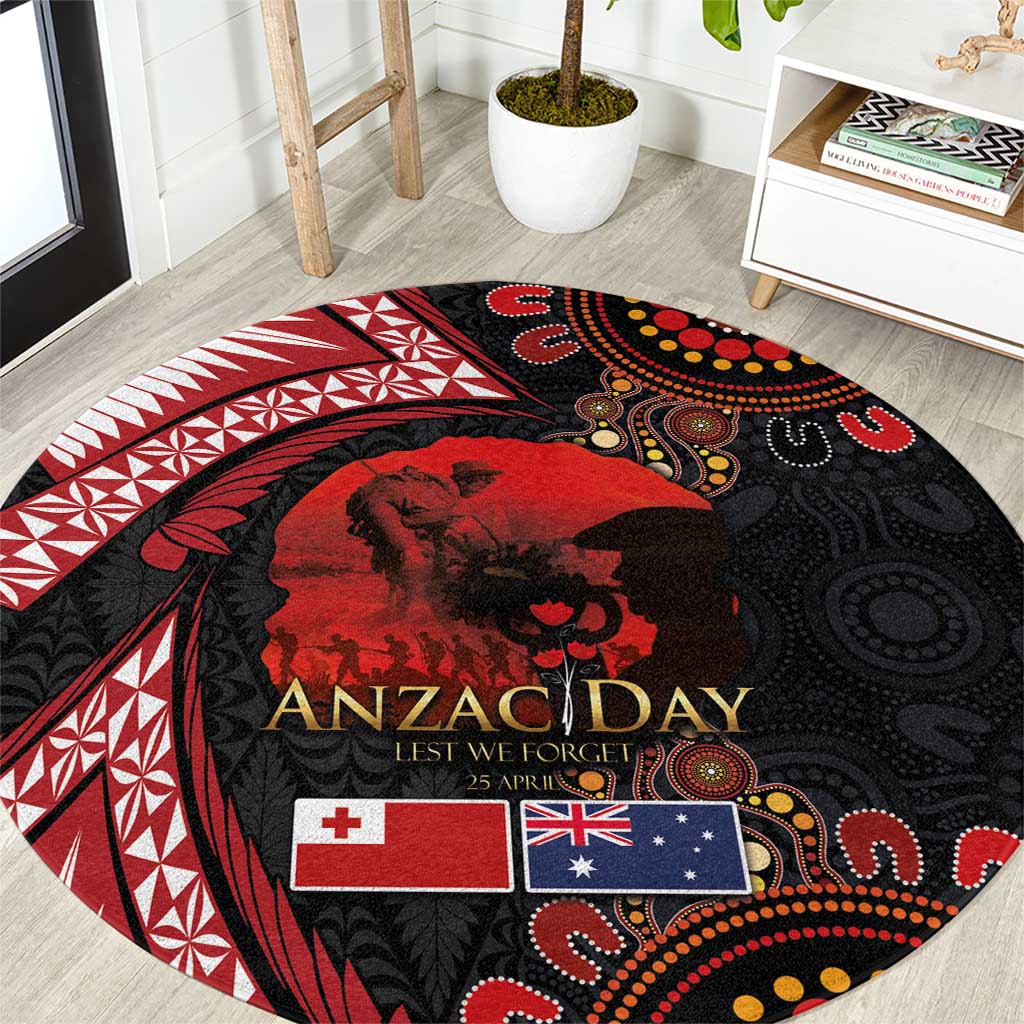 Tonga and Australia ANZAC Day Round Carpet Aboriginal and Ngatu Art Pattern - Gallipoli Lest We Forget