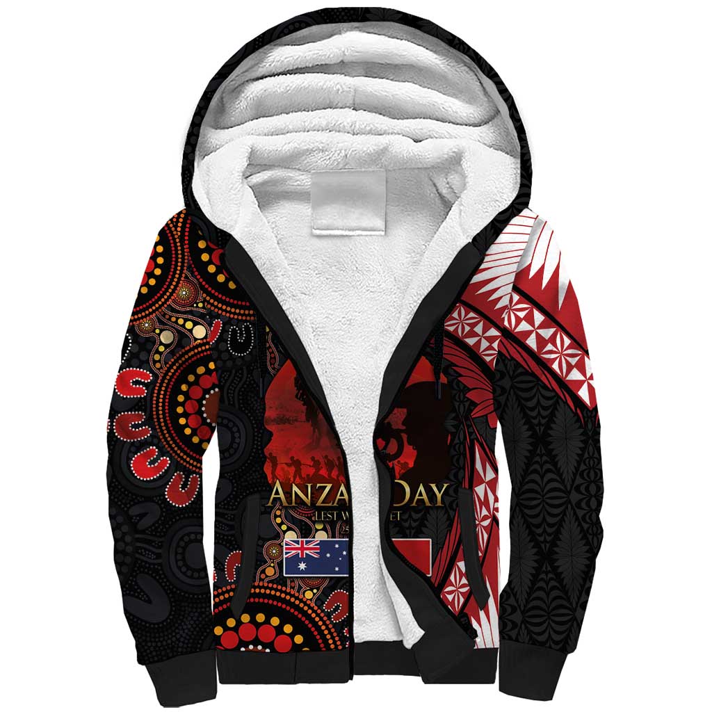 Tonga and Australia ANZAC Day Sherpa Hoodie Aboriginal and Ngatu Art Pattern - Gallipoli Lest We Forget LT03 Unisex Black - Polynesian Pride