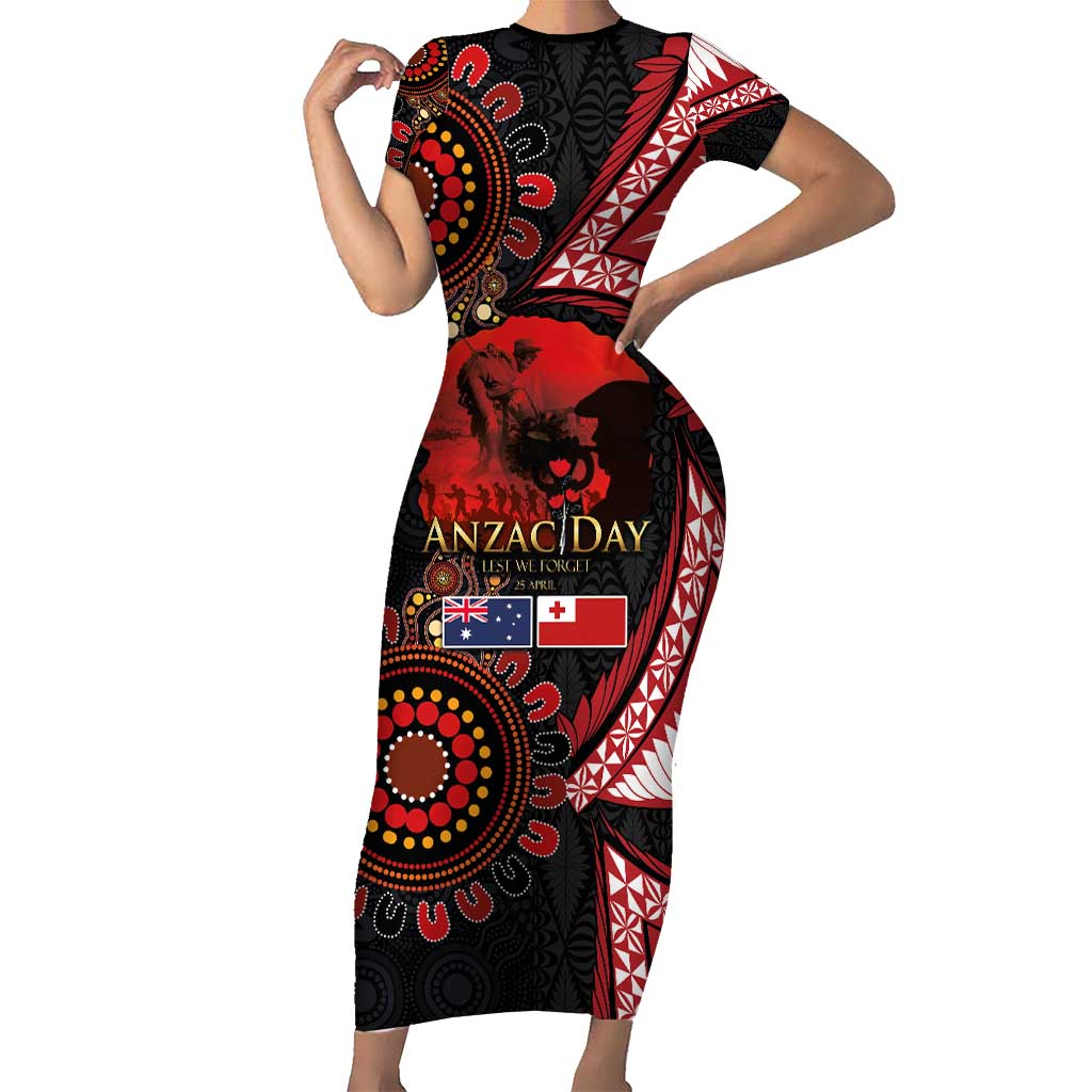 Tonga and Australia ANZAC Day Short Sleeve Bodycon Dress Aboriginal and Ngatu Art Pattern - Gallipoli Lest We Forget