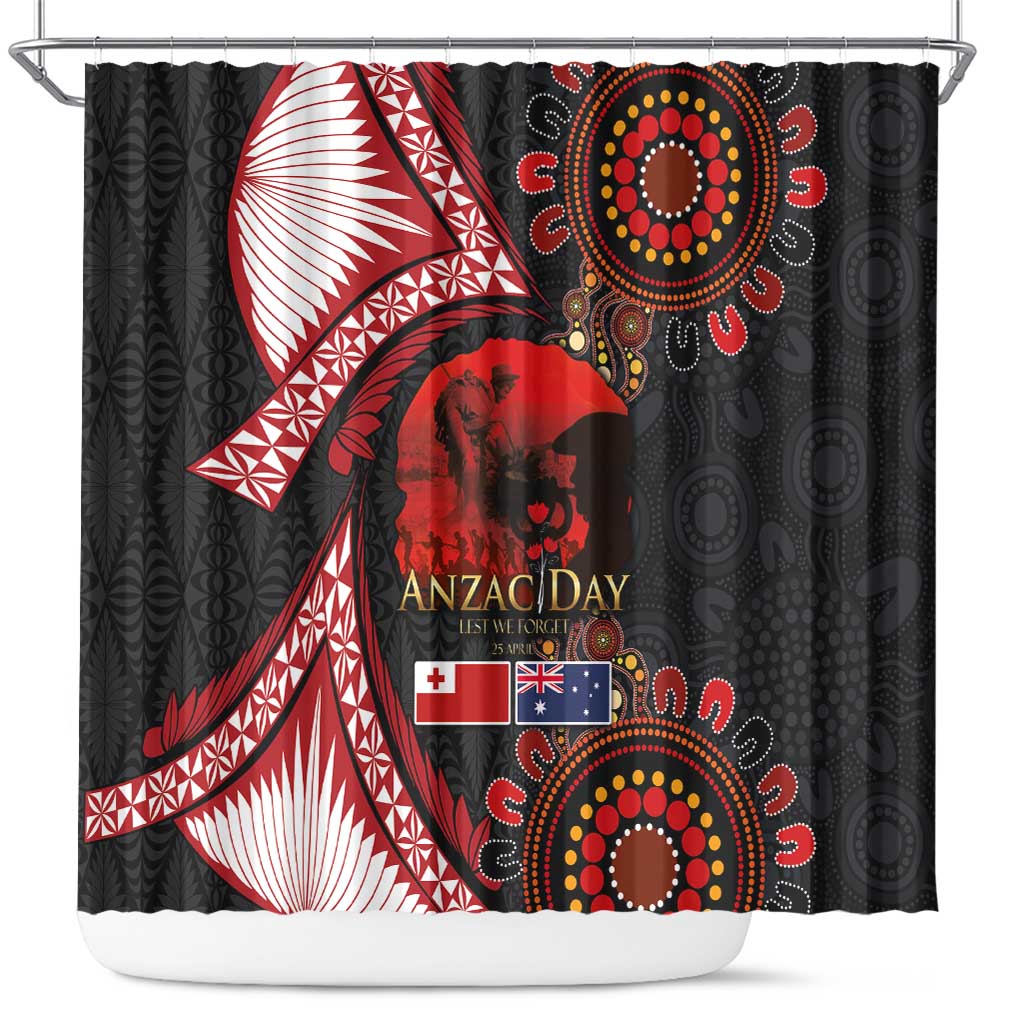 Tonga and Australia ANZAC Day Shower Curtain Aboriginal and Ngatu Art Pattern - Gallipoli Lest We Forget