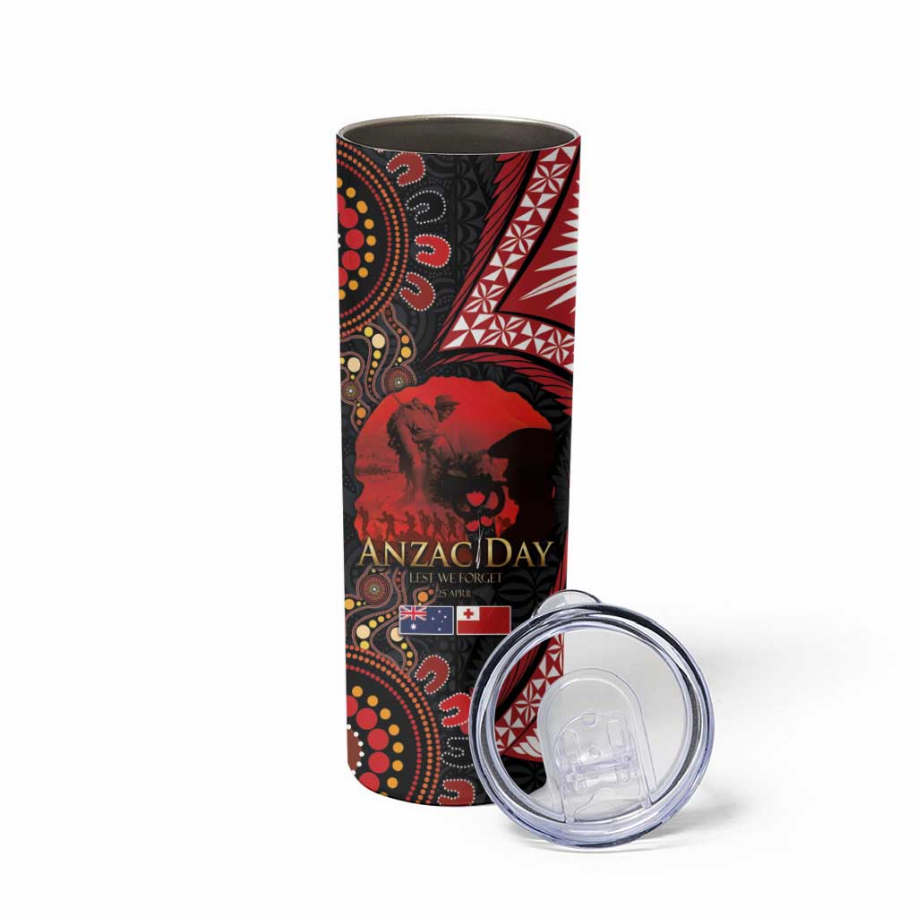 Tonga and Australia ANZAC Day Skinny Tumbler Aboriginal and Ngatu Art Pattern - Gallipoli Lest We Forget