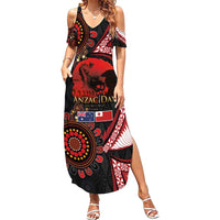Tonga and Australia ANZAC Day Summer Maxi Dress Aboriginal and Ngatu Art Pattern - Gallipoli Lest We Forget LT03 Women Black - Polynesian Pride