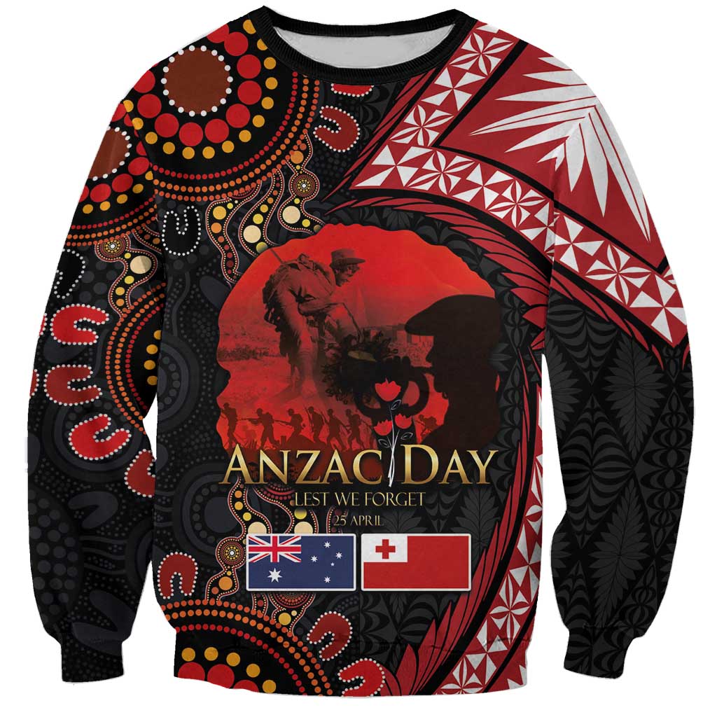 Tonga and Australia ANZAC Day Sweatshirt Aboriginal and Ngatu Art Pattern - Gallipoli Lest We Forget LT03 Unisex Black - Polynesian Pride