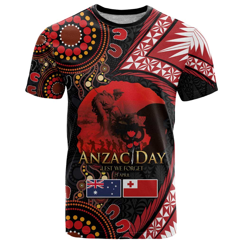 Tonga and Australia ANZAC Day T Shirt Aboriginal and Ngatu Art Pattern - Gallipoli Lest We Forget