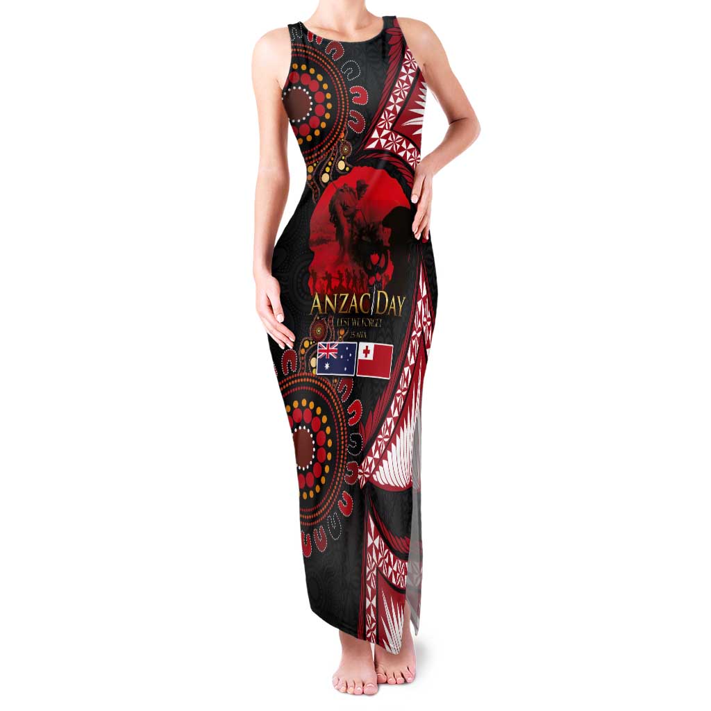 Tonga and Australia ANZAC Day Tank Maxi Dress Aboriginal and Ngatu Art Pattern - Gallipoli Lest We Forget LT03 Women Black - Polynesian Pride