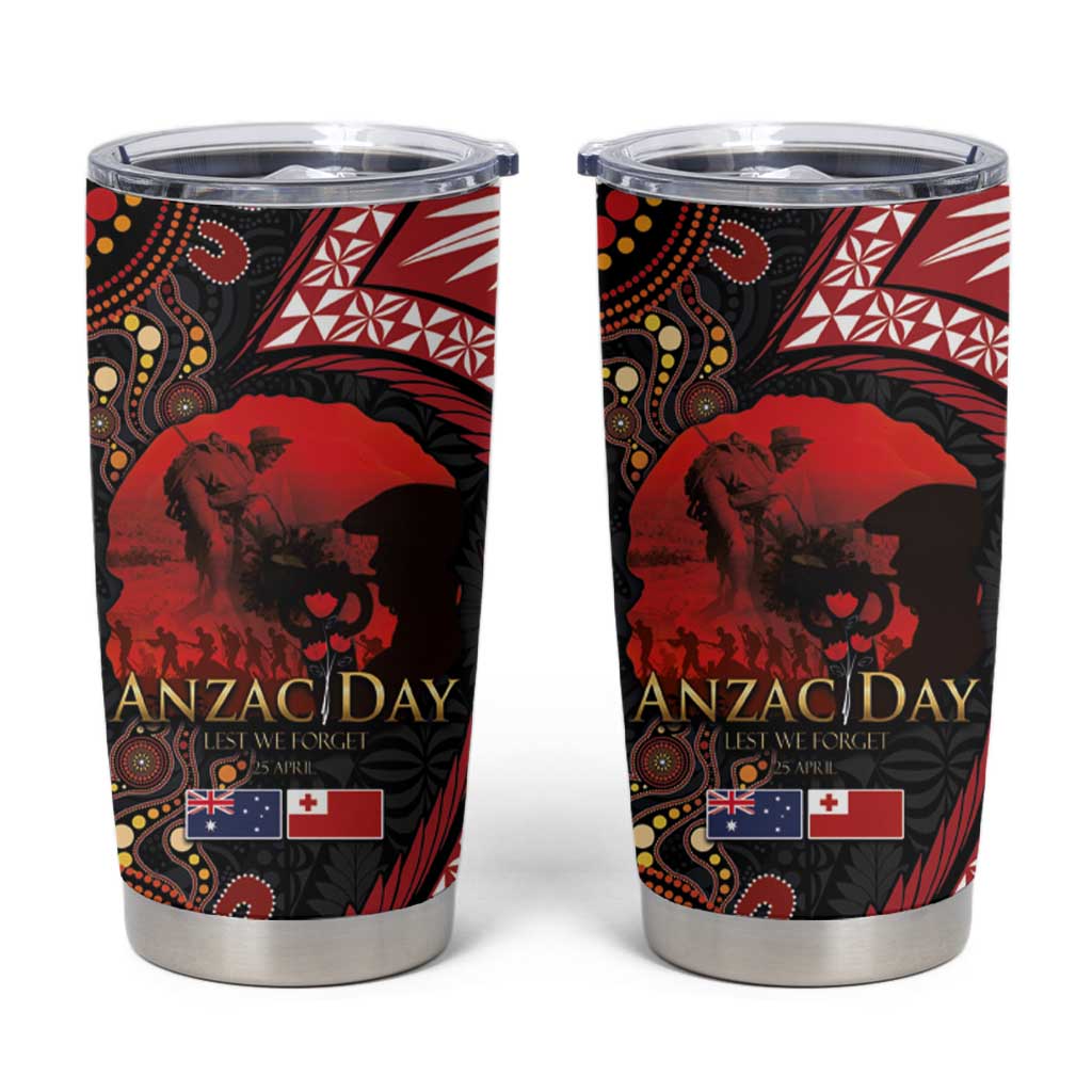 Tonga and Australia ANZAC Day Tumbler Cup Aboriginal and Ngatu Art Pattern - Gallipoli Lest We Forget LT03 Black - Polynesian Pride