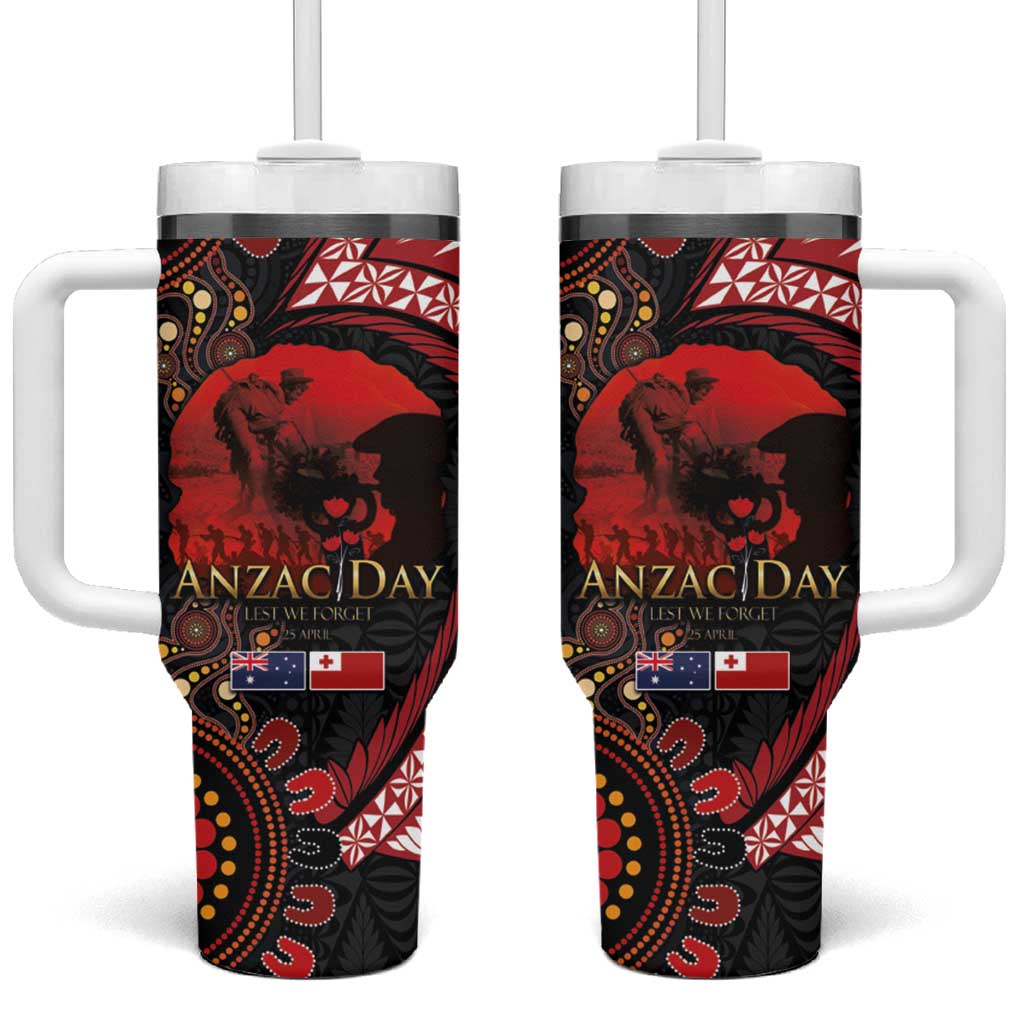 Tonga and Australia ANZAC Day Tumbler With Handle Aboriginal and Ngatu Art Pattern - Gallipoli Lest We Forget LT03 One Size: 40 oz Black - Polynesian Pride