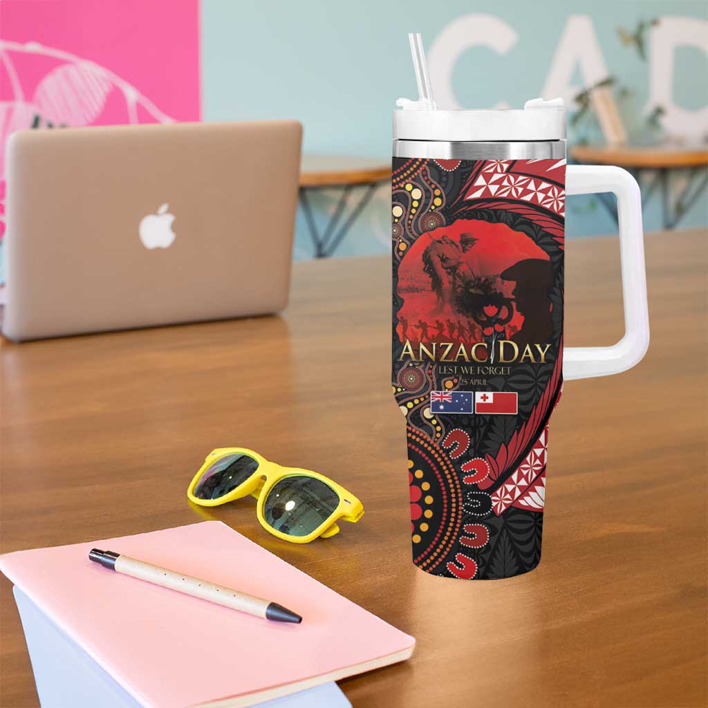 Tonga and Australia ANZAC Day Tumbler With Handle Aboriginal and Ngatu Art Pattern - Gallipoli Lest We Forget LT03 - Polynesian Pride