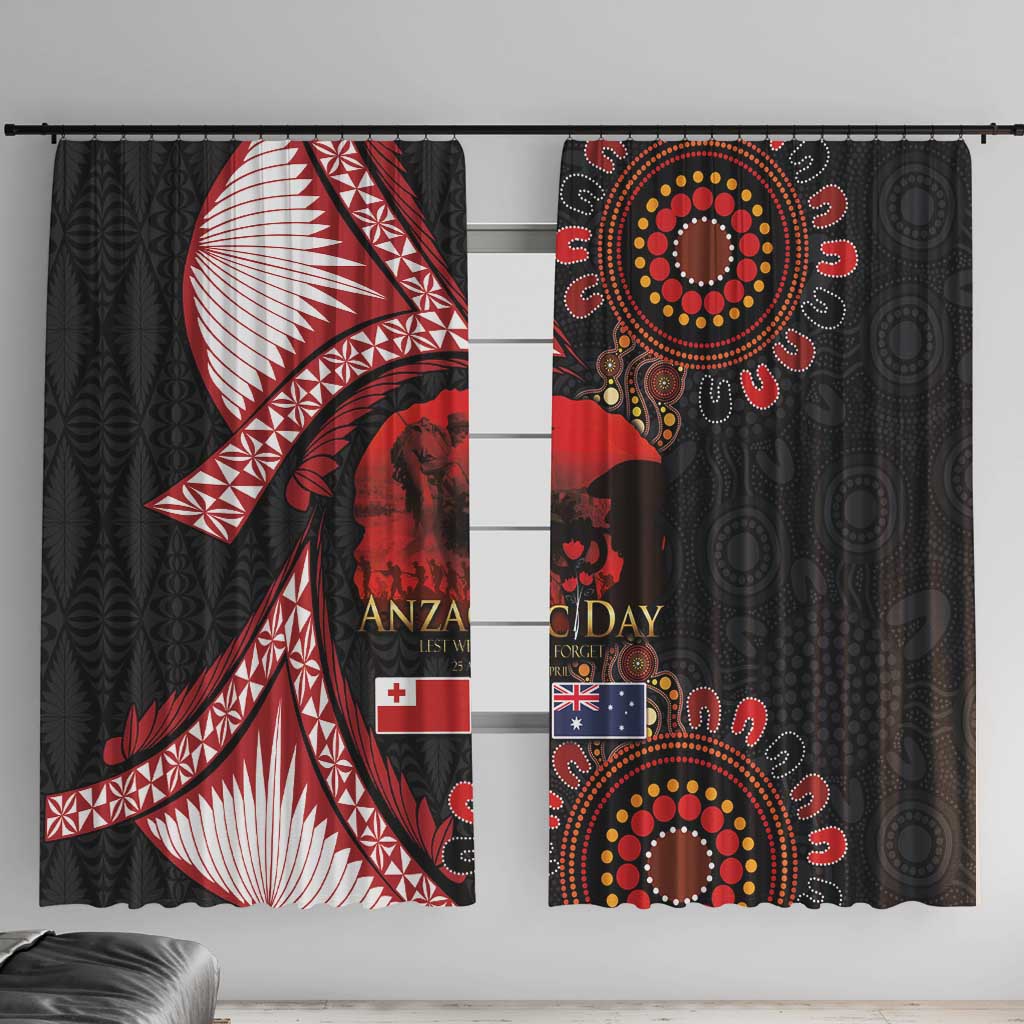 Tonga and Australia ANZAC Day Window Curtain Aboriginal and Ngatu Art Pattern - Gallipoli Lest We Forget LT03 With Hooks Black - Polynesian Pride