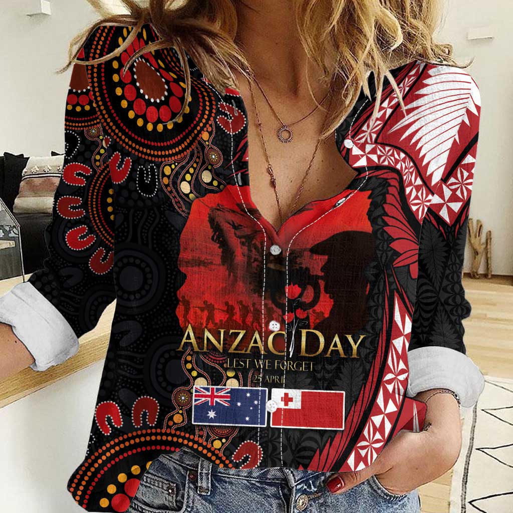 Tonga and Australia ANZAC Day Women Casual Shirt Aboriginal and Ngatu Art Pattern - Gallipoli Lest We Forget