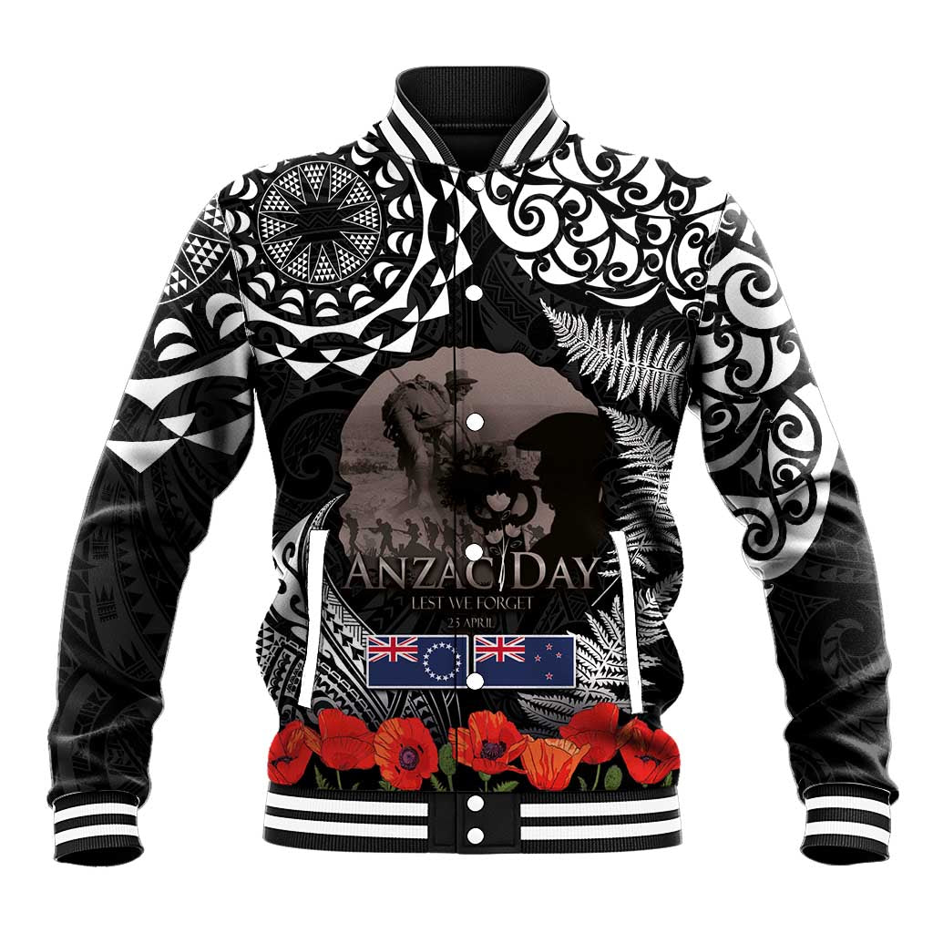 New Zealand and Cook Islands ANZAC Day Baseball Jacket Gallipoli Lest We Forget Tatau Art Tribal and Maori Tattoo with Fern LT03 Unisex Black - Polynesian Pride