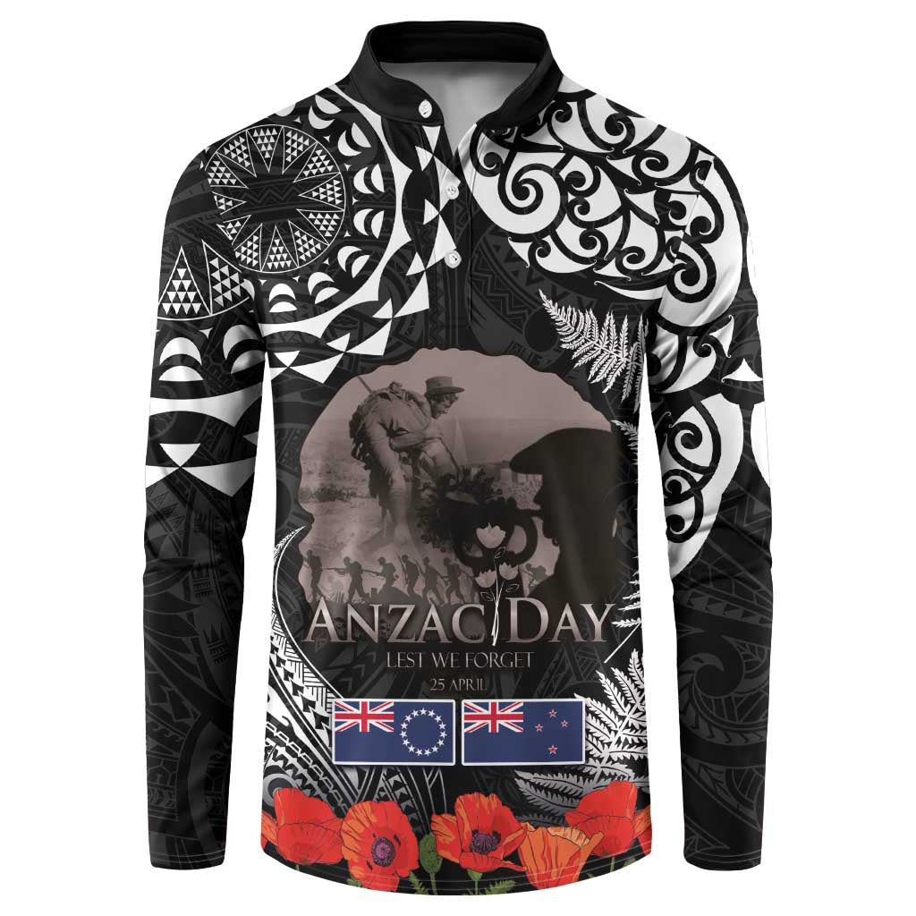 New Zealand and Cook Islands ANZAC Day Button Sweatshirt Gallipoli Lest We Forget Tatau Art Tribal and Maori Tattoo with Fern