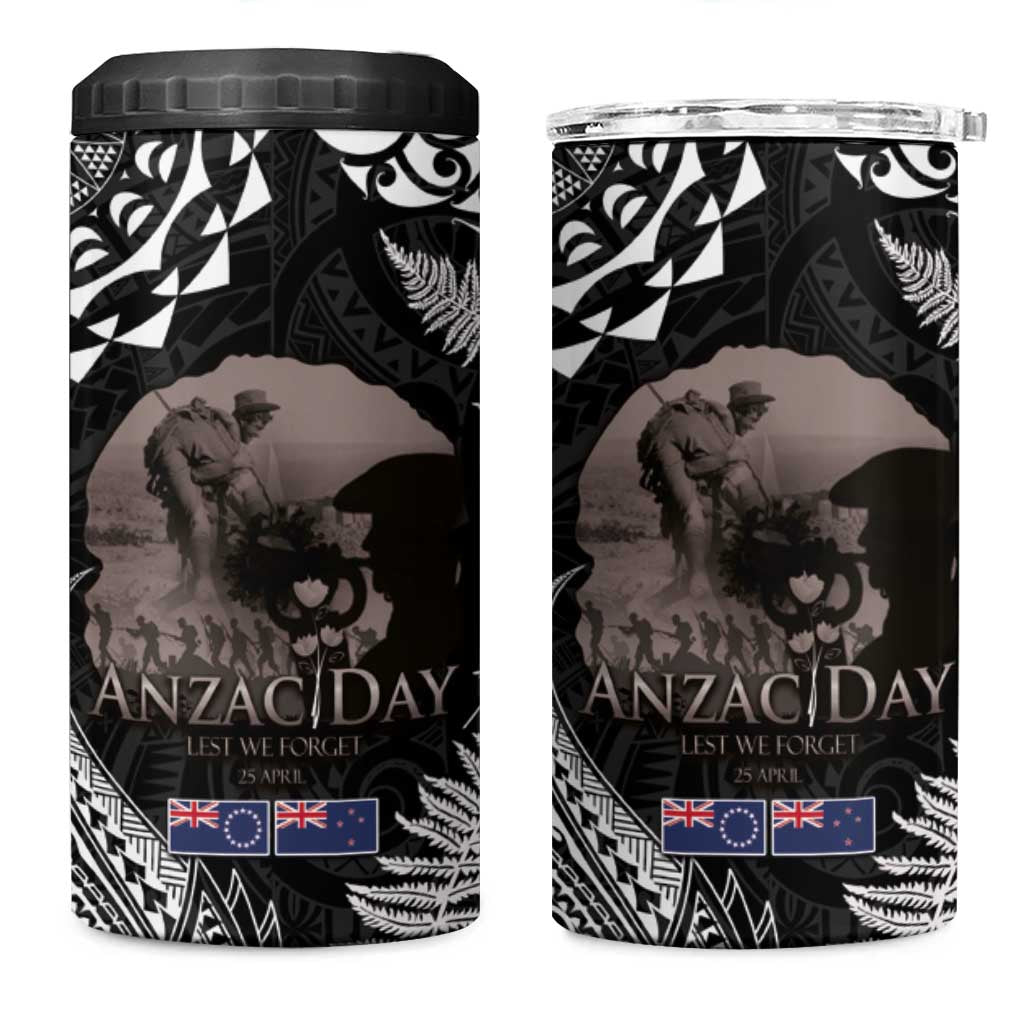 New Zealand and Cook Islands ANZAC Day 4 in 1 Can Cooler Tumbler Gallipoli Lest We Forget Tatau Art Tribal and Maori Tattoo with Fern