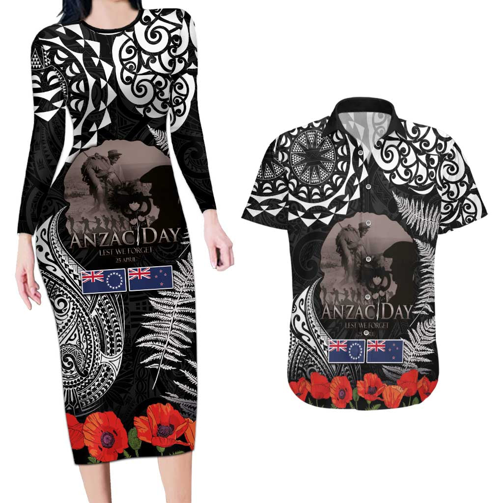 New Zealand and Cook Islands ANZAC Day Couples Matching Long Sleeve Bodycon Dress and Hawaiian Shirt Gallipoli Lest We Forget Tatau Art Tribal and Maori Tattoo with Fern LT03 Black - Polynesian Pride