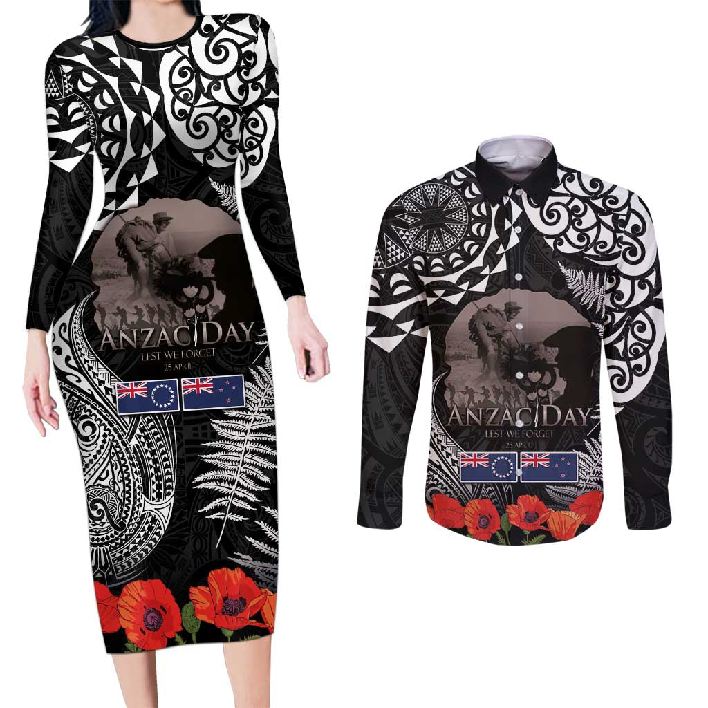 New Zealand and Cook Islands ANZAC Day Couples Matching Long Sleeve Bodycon Dress and Long Sleeve Button Shirt Gallipoli Lest We Forget Tatau Art Tribal and Maori Tattoo with Fern