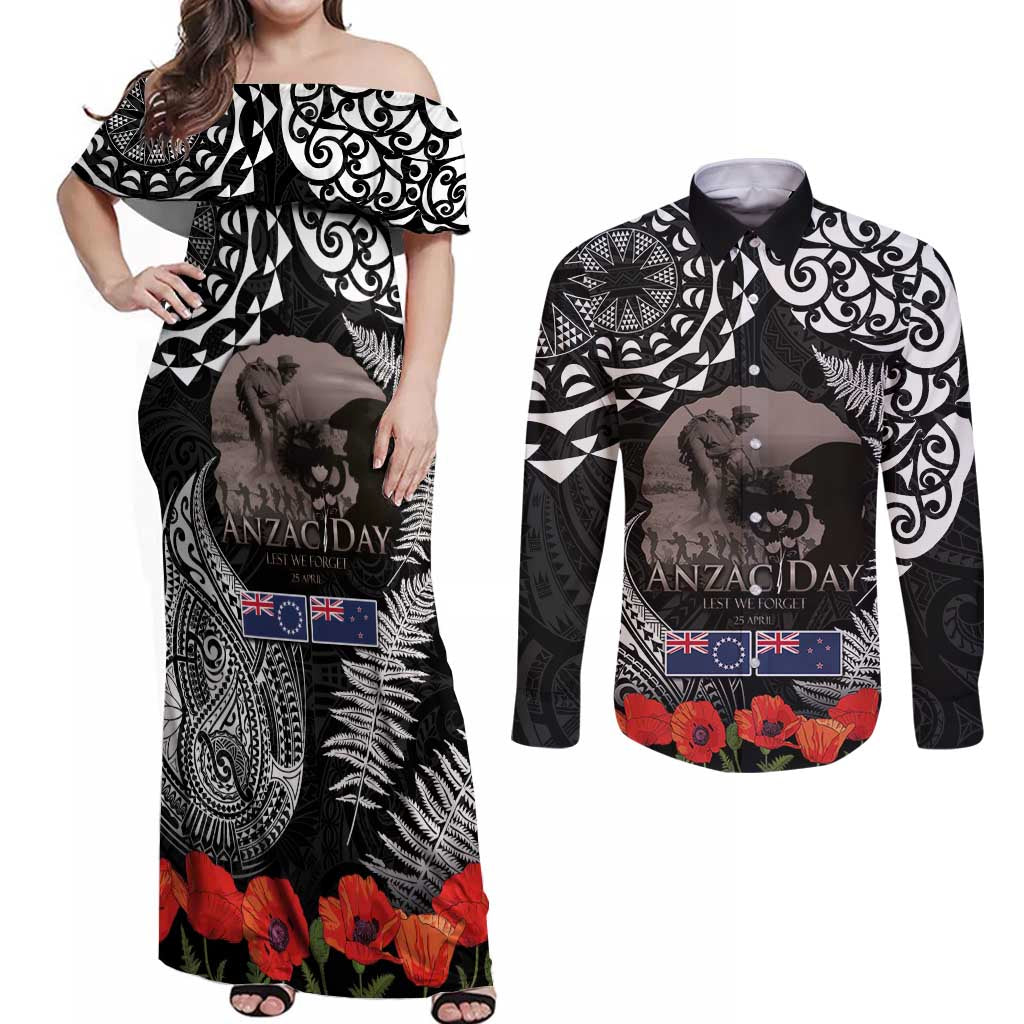 New Zealand and Cook Islands ANZAC Day Couples Matching Off Shoulder Maxi Dress and Long Sleeve Button Shirt Gallipoli Lest We Forget Tatau Art Tribal and Maori Tattoo with Fern