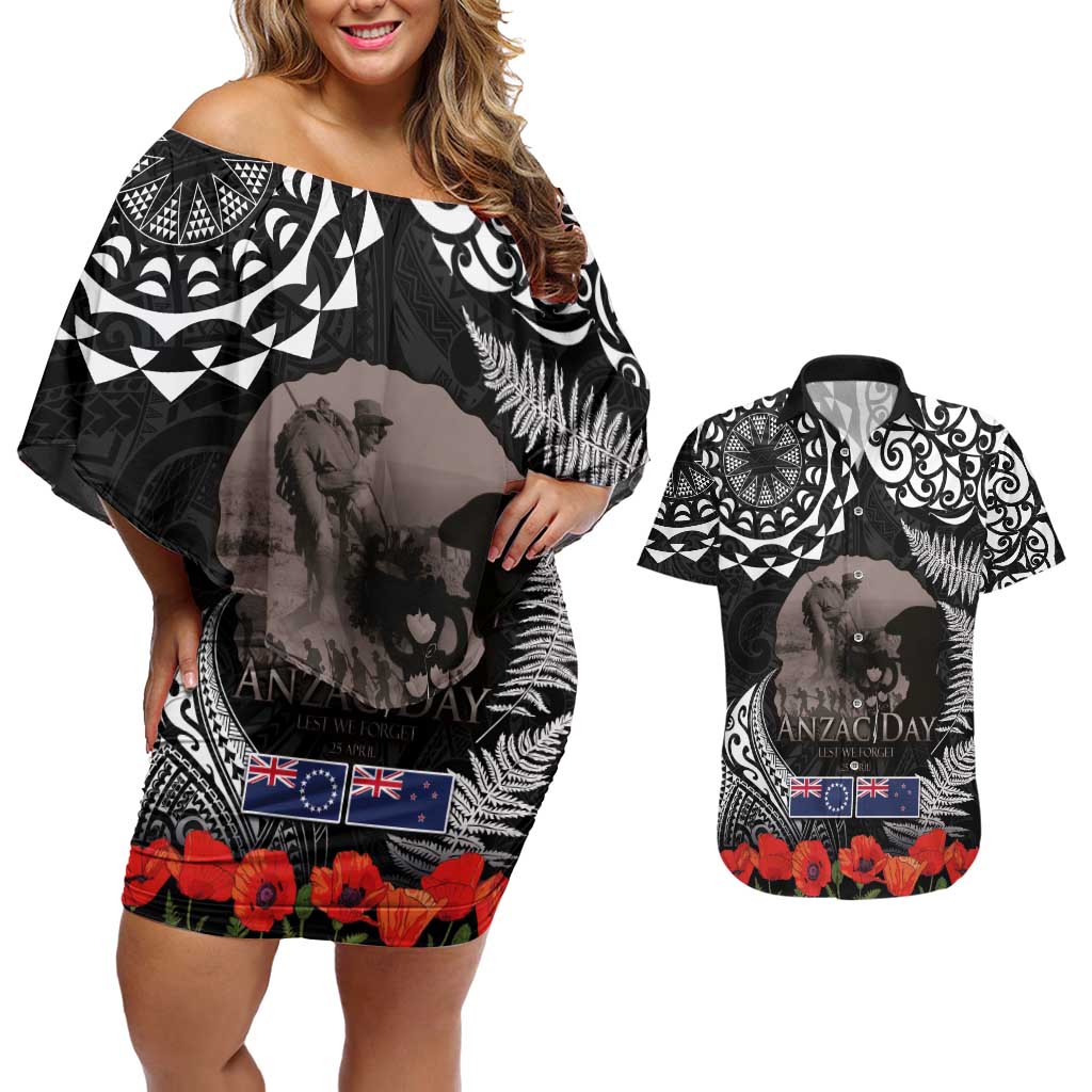 New Zealand and Cook Islands ANZAC Day Couples Matching Off Shoulder Short Dress and Hawaiian Shirt Gallipoli Lest We Forget Tatau Art Tribal and Maori Tattoo with Fern