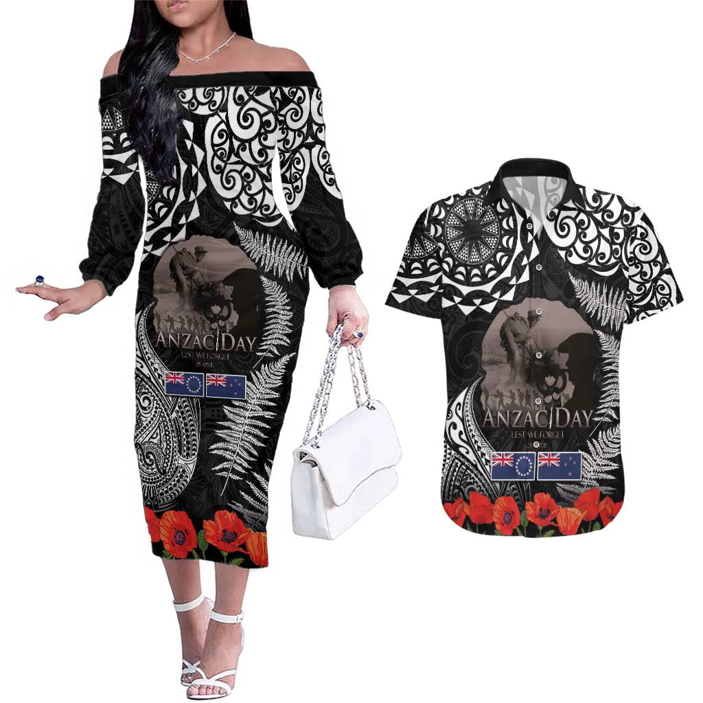 New Zealand and Cook Islands ANZAC Day Couples Matching Off The Shoulder Long Sleeve Dress and Hawaiian Shirt Gallipoli Lest We Forget Tatau Art Tribal and Maori Tattoo with Fern