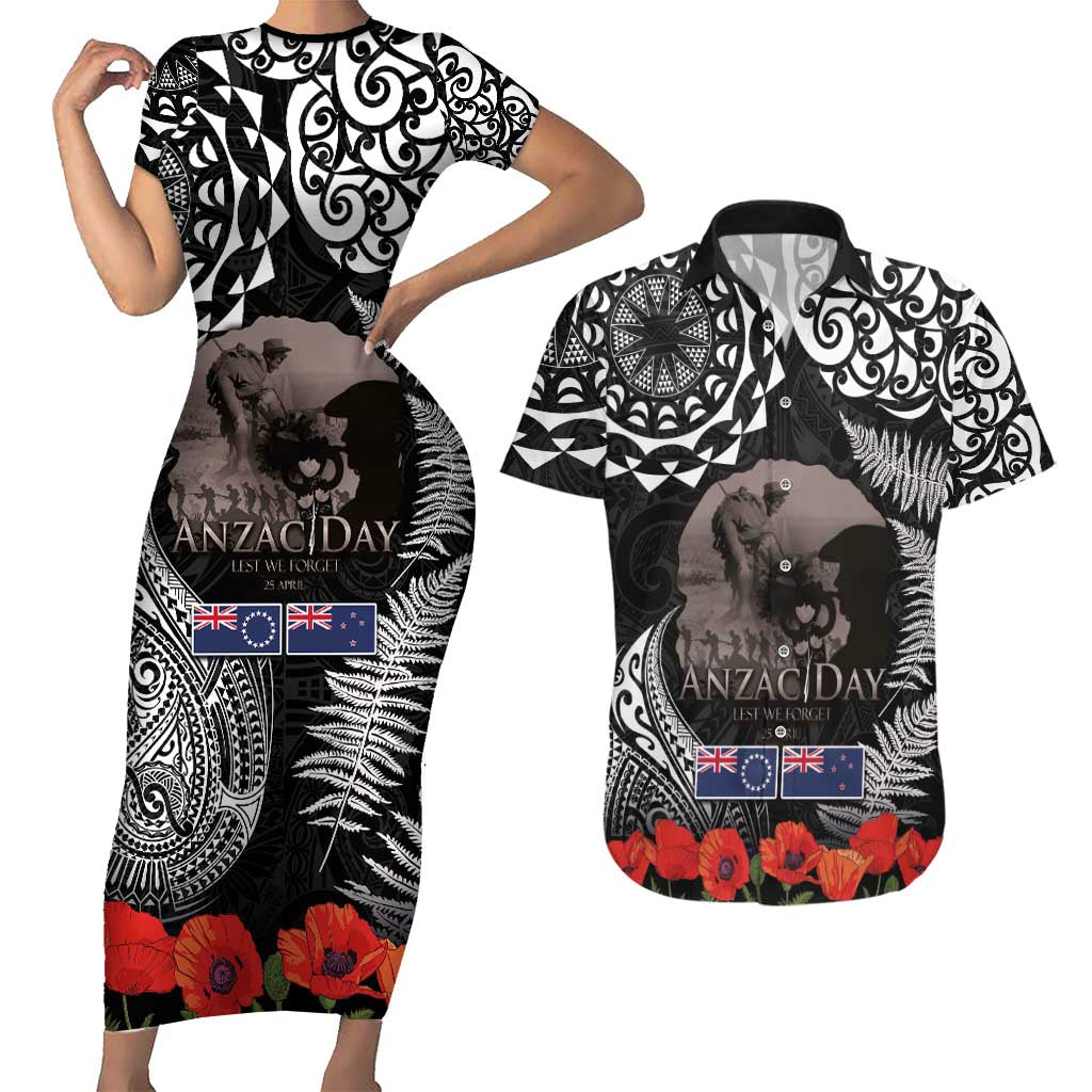 New Zealand and Cook Islands ANZAC Day Couples Matching Short Sleeve Bodycon Dress and Hawaiian Shirt Gallipoli Lest We Forget Tatau Art Tribal and Maori Tattoo with Fern