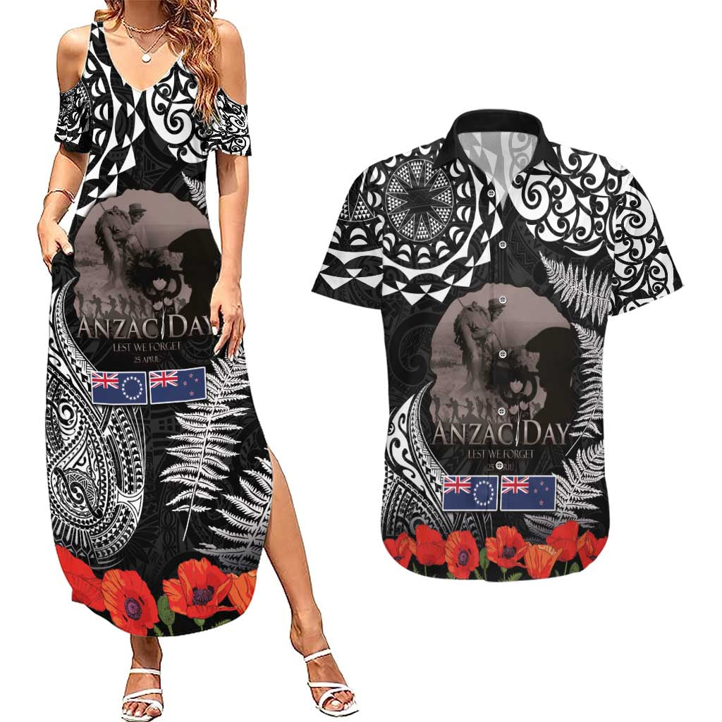 New Zealand and Cook Islands ANZAC Day Couples Matching Summer Maxi Dress and Hawaiian Shirt Gallipoli Lest We Forget Tatau Art Tribal and Maori Tattoo with Fern LT03 Black - Polynesian Pride