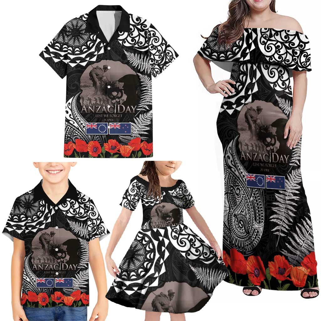 New Zealand and Cook Islands ANZAC Day Family Matching Off Shoulder Maxi Dress and Hawaiian Shirt Gallipoli Lest We Forget Tatau Art Tribal and Maori Tattoo with Fern