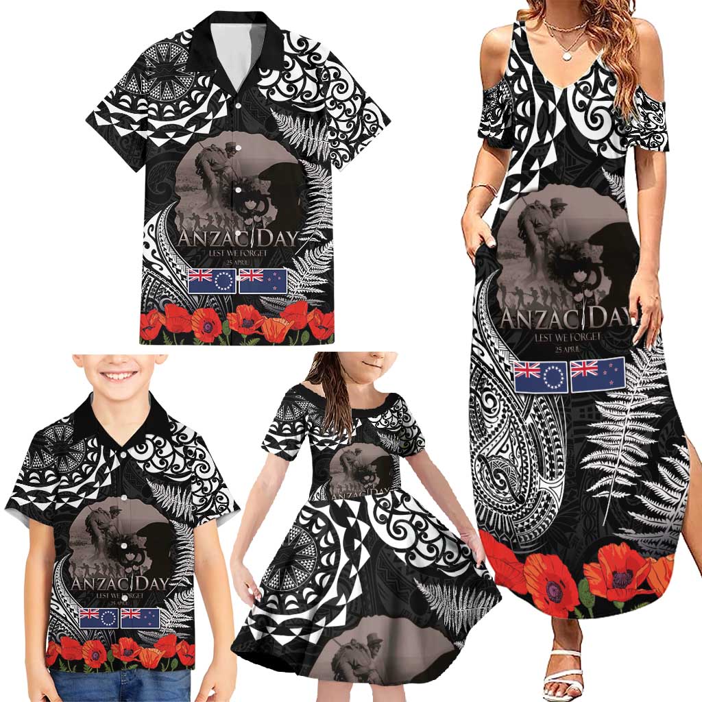 New Zealand and Cook Islands ANZAC Day Family Matching Summer Maxi Dress and Hawaiian Shirt Gallipoli Lest We Forget Tatau Art Tribal and Maori Tattoo with Fern