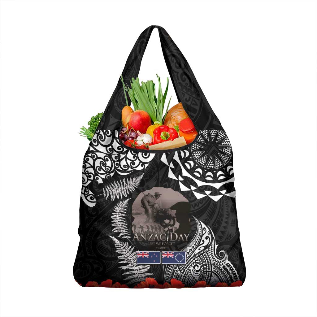 New Zealand and Cook Islands ANZAC Day Grocery Bag Gallipoli Lest We Forget Tatau Art Tribal and Maori Tattoo with Fern