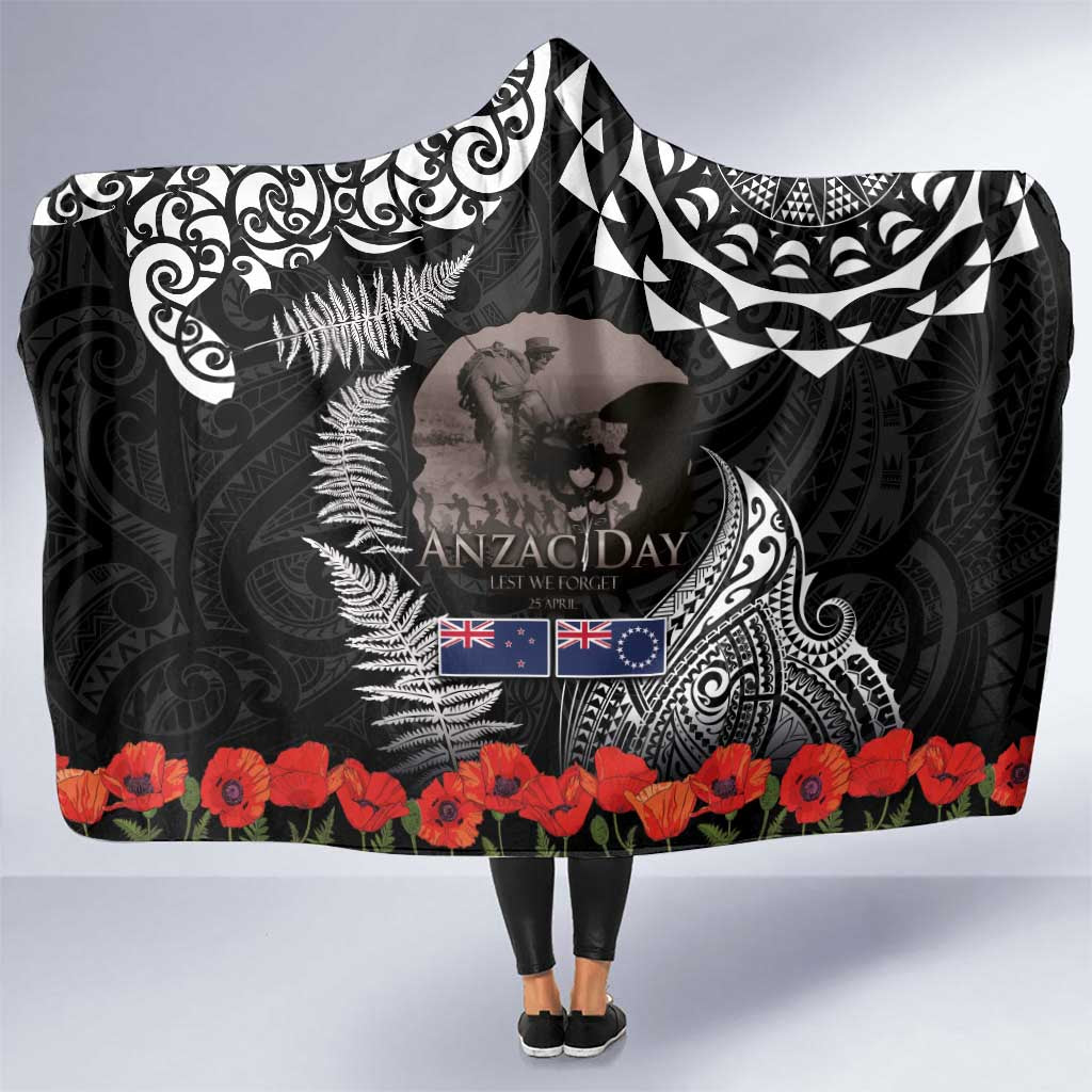 New Zealand and Cook Islands ANZAC Day Hooded Blanket Gallipoli Lest We Forget Tatau Art Tribal and Maori Tattoo with Fern