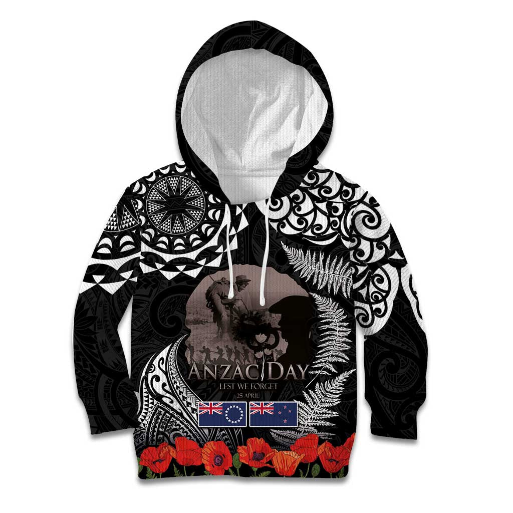 New Zealand and Cook Islands ANZAC Day Kid Hoodie Gallipoli Lest We Forget Tatau Art Tribal and Maori Tattoo with Fern