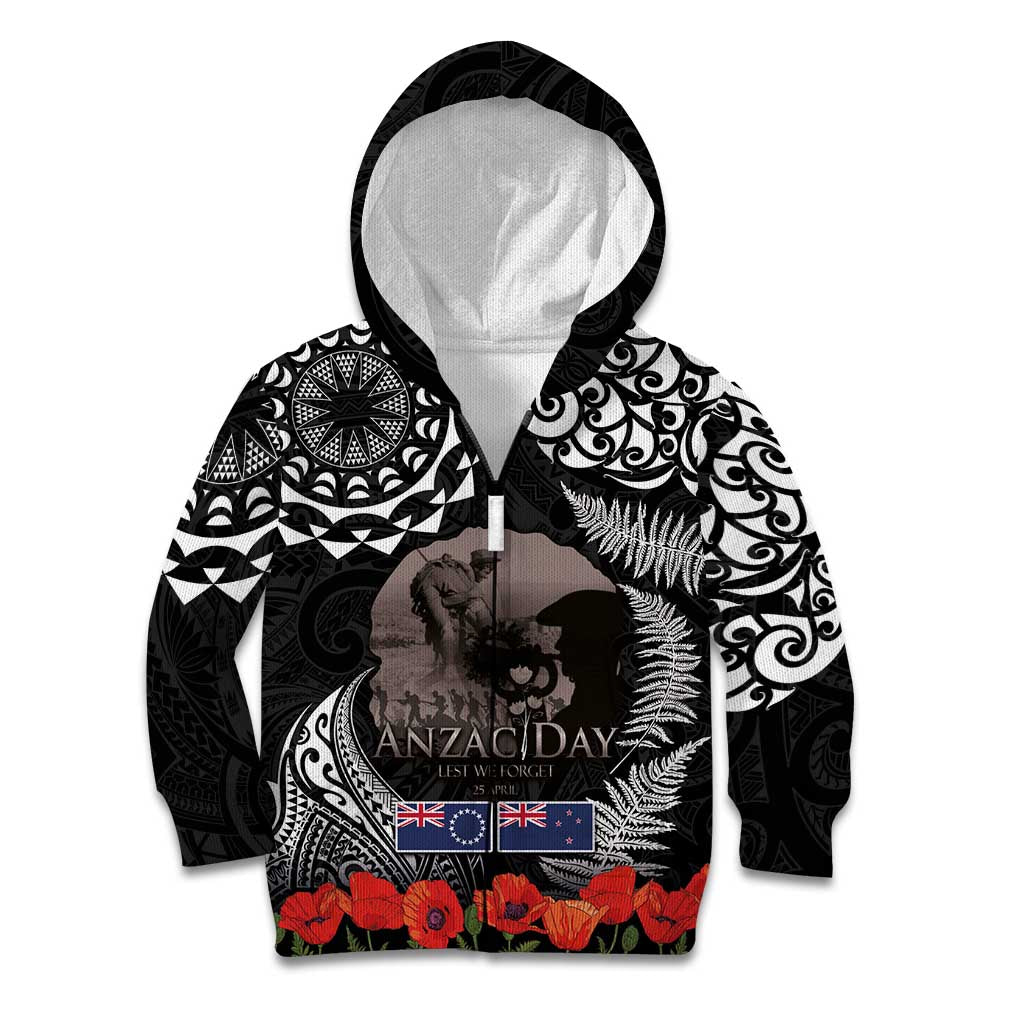 New Zealand and Cook Islands ANZAC Day Kid Hoodie Gallipoli Lest We Forget Tatau Art Tribal and Maori Tattoo with Fern