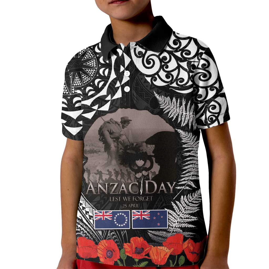 New Zealand and Cook Islands ANZAC Day Kid Polo Shirt Gallipoli Lest We Forget Tatau Art Tribal and Maori Tattoo with Fern