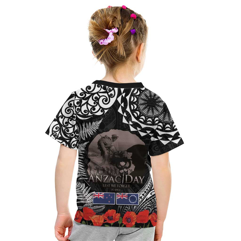 New Zealand and Cook Islands ANZAC Day Kid T Shirt Gallipoli Lest We Forget Tatau Art Tribal and Maori Tattoo with Fern