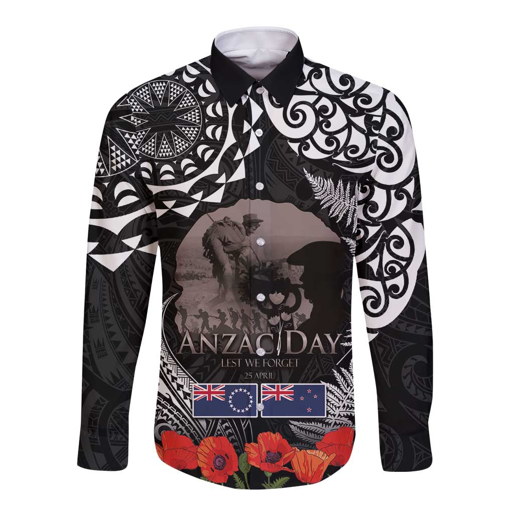 New Zealand and Cook Islands ANZAC Day Long Sleeve Button Shirt Gallipoli Lest We Forget Tatau Art Tribal and Maori Tattoo with Fern LT03 Unisex Black - Polynesian Pride