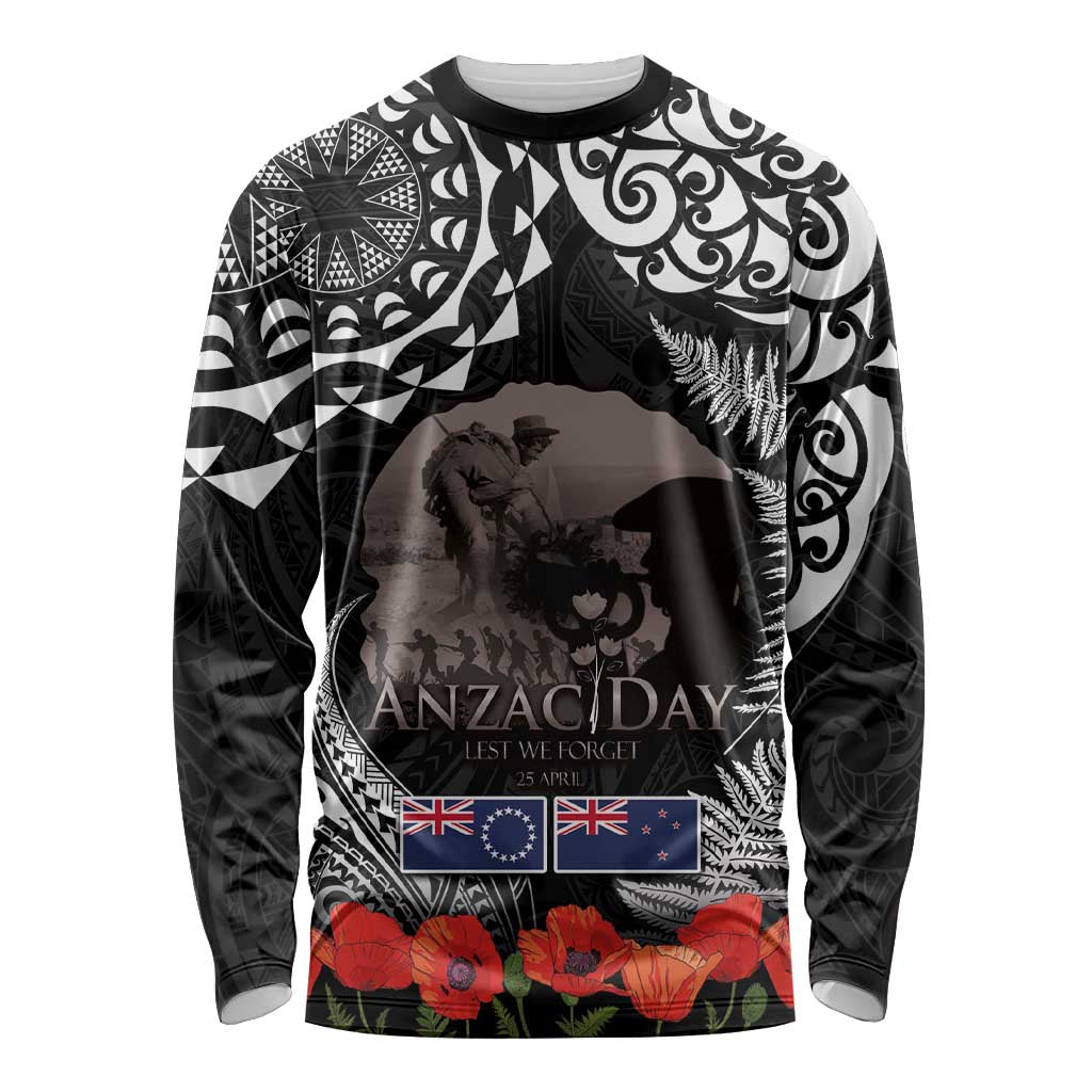 New Zealand and Cook Islands ANZAC Day Long Sleeve Shirt Gallipoli Lest We Forget Tatau Art Tribal and Maori Tattoo with Fern