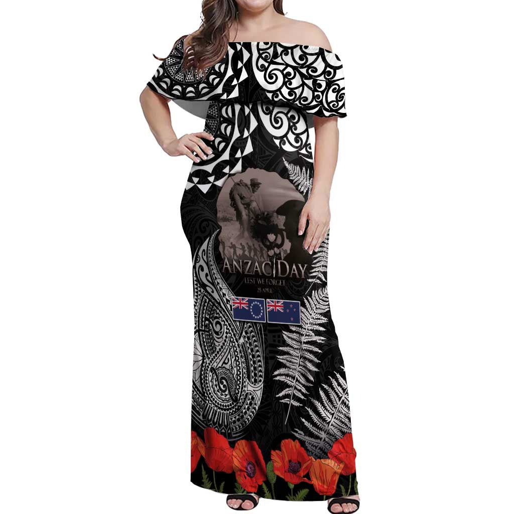 New Zealand and Cook Islands ANZAC Day Off Shoulder Maxi Dress Gallipoli Lest We Forget Tatau Art Tribal and Maori Tattoo with Fern