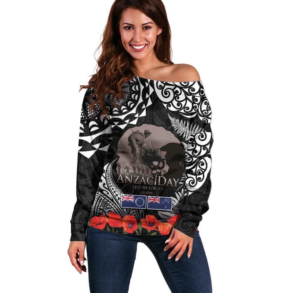 New Zealand and Cook Islands ANZAC Day Off Shoulder Sweater Gallipoli Lest We Forget Tatau Art Tribal and Maori Tattoo with Fern