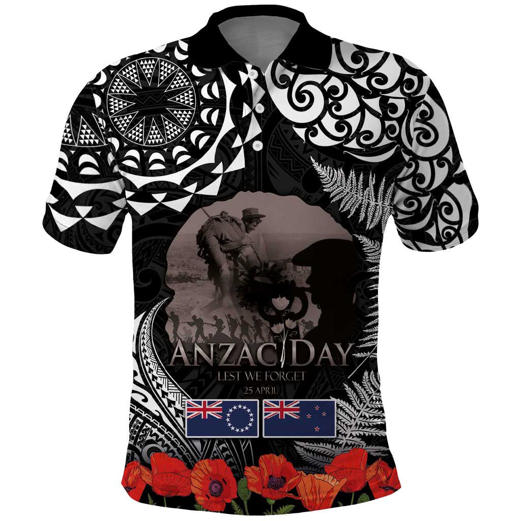 New Zealand and Cook Islands ANZAC Day Polo Shirt Gallipoli Lest We Forget Tatau Art Tribal and Maori Tattoo with Fern