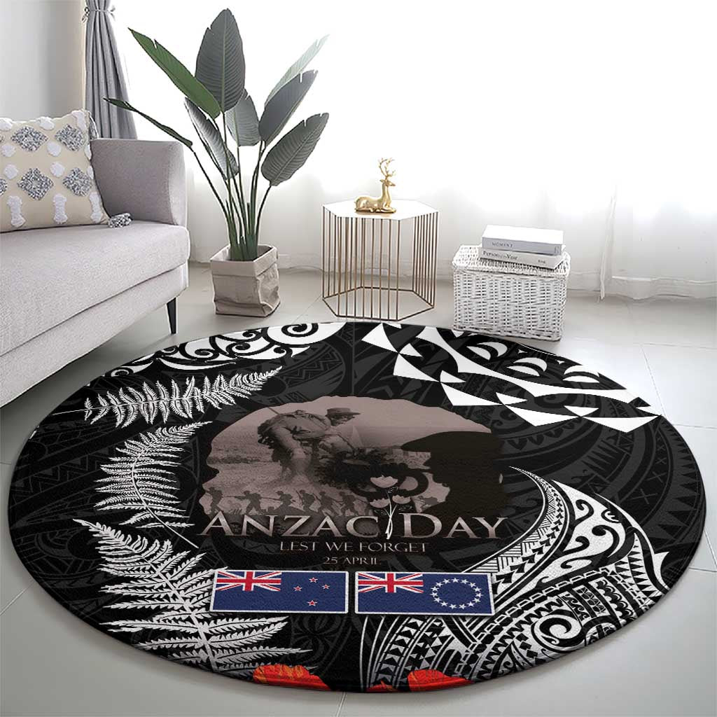 New Zealand and Cook Islands ANZAC Day Round Carpet Gallipoli Lest We Forget Tatau Art Tribal and Maori Tattoo with Fern