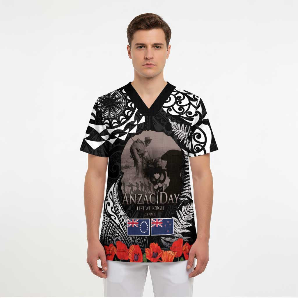 New Zealand and Cook Islands ANZAC Day Scrub Top Gallipoli Lest We Forget Tatau Art Tribal and Maori Tattoo with Fern - Polynesian Pride