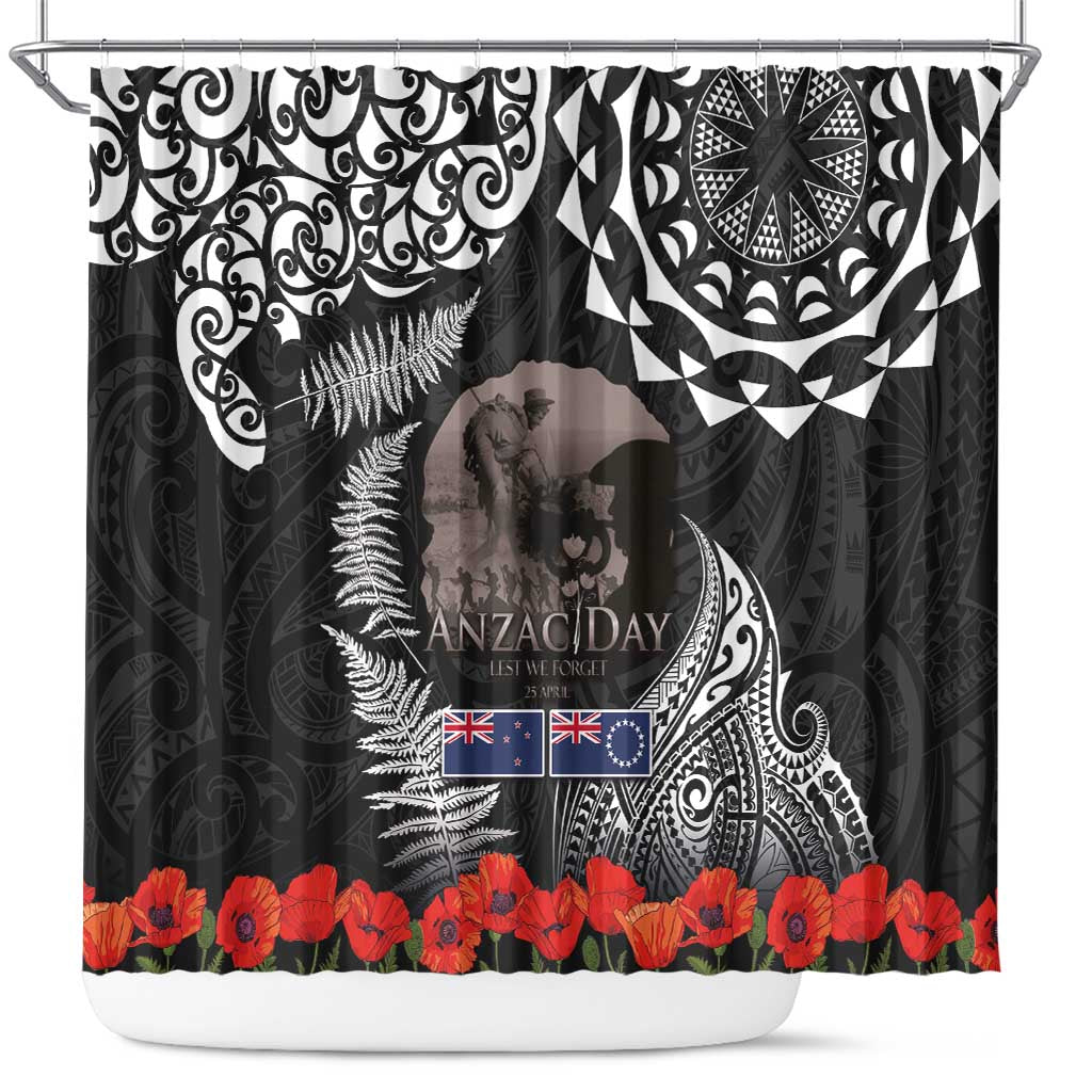 New Zealand and Cook Islands ANZAC Day Shower Curtain Gallipoli Lest We Forget Tatau Art Tribal and Maori Tattoo with Fern