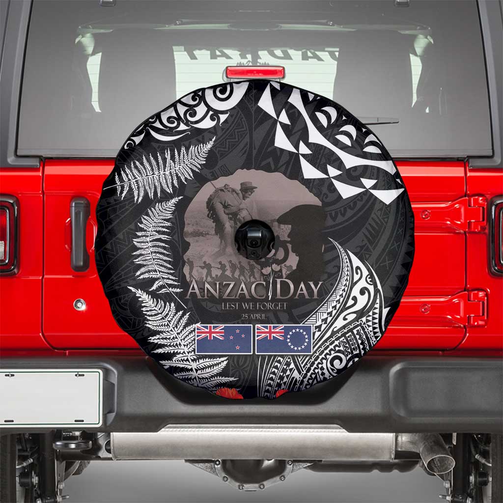 New Zealand and Cook Islands ANZAC Day Spare Tire Cover Gallipoli Lest We Forget Tatau Art Tribal and Maori Tattoo with Fern